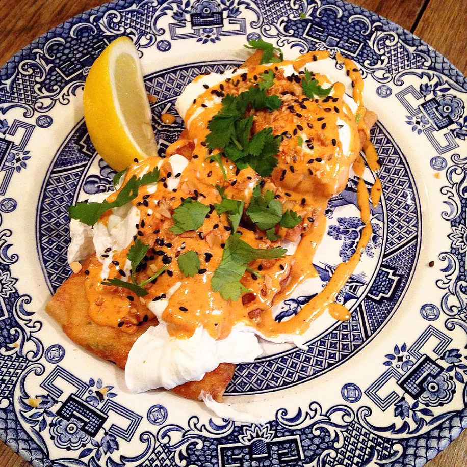 Shrimp Cake Benedict at Chinese Laundry, from Instagram